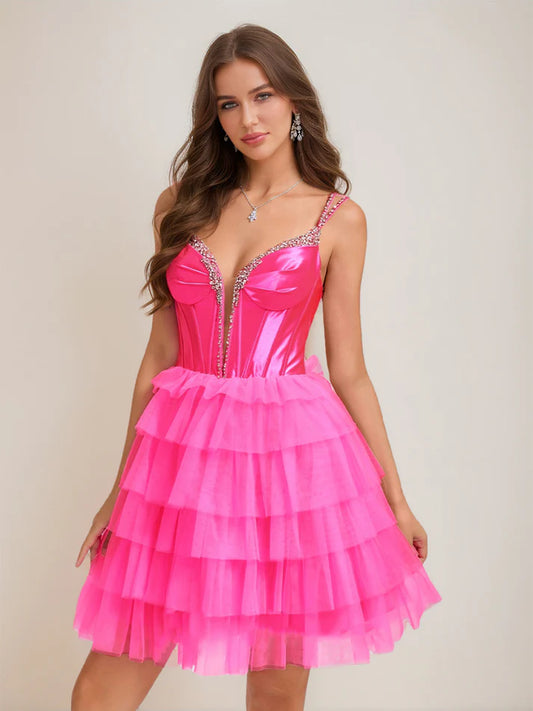 Elegant V-neck short ball gown homecoming dress with tiered ruffles and rhinestones.
