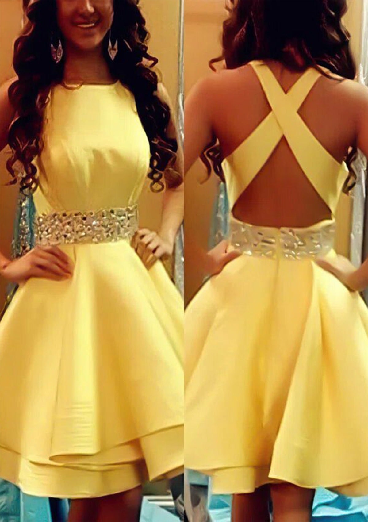 Model wearing a yellow halter A-line short homecoming dress with a beaded waist and cross-back.