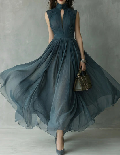 Elegant A-Line High-Neck Sleeveless Keyhole-Pleated Floor-Length Mother of the Bride Dress
