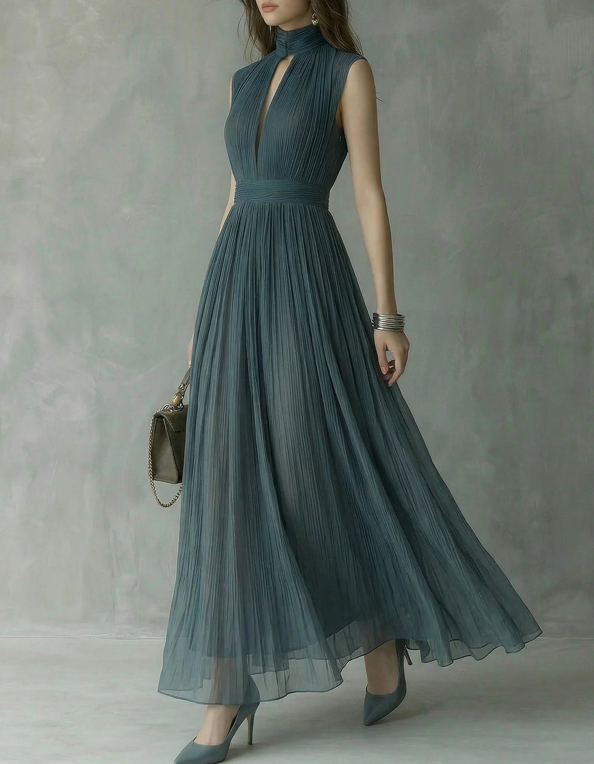 Elegant A-Line High-Neck Sleeveless Keyhole-Pleated Floor-Length Mother of the Bride Dress