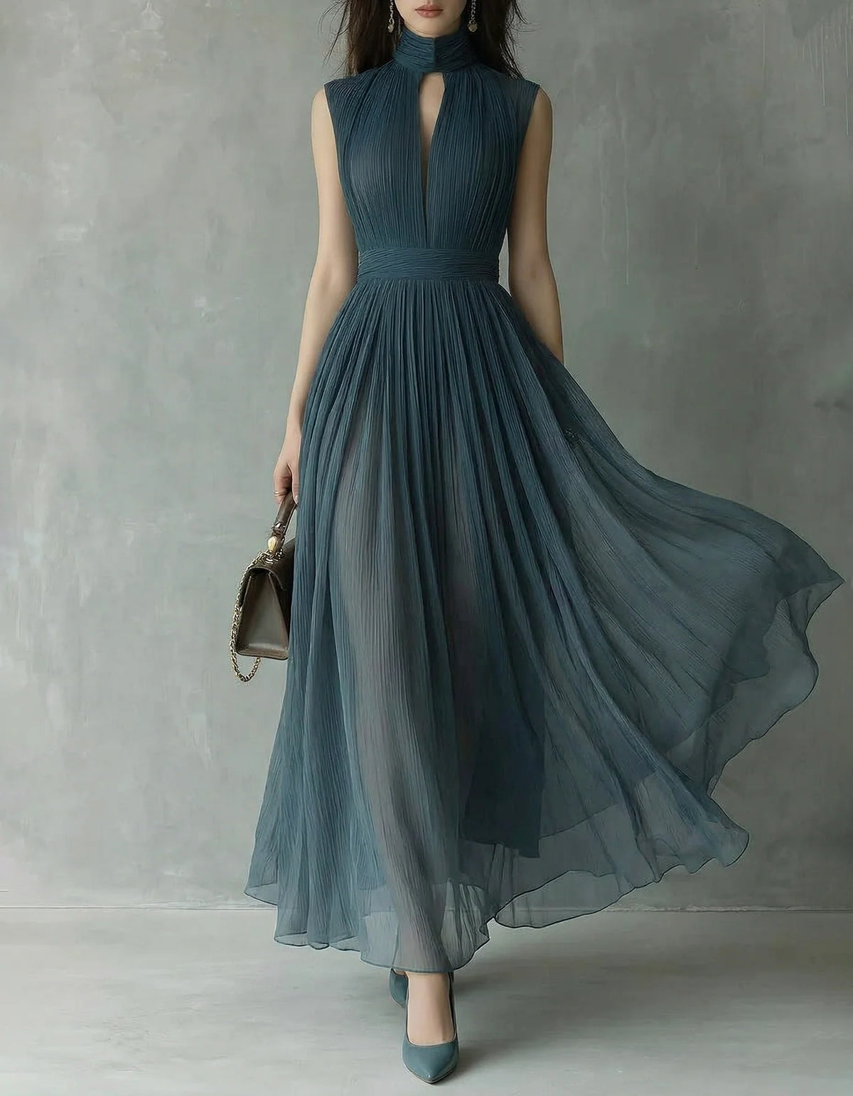 Elegant A-Line High-Neck Sleeveless Keyhole-Pleated Floor-Length Mother of the Bride Dress