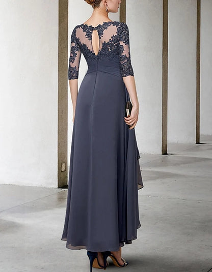 Elegant A-Line Illusion-Neck Lace 3/4-Sleeve Asymmetrical Mother of the Bride Dress