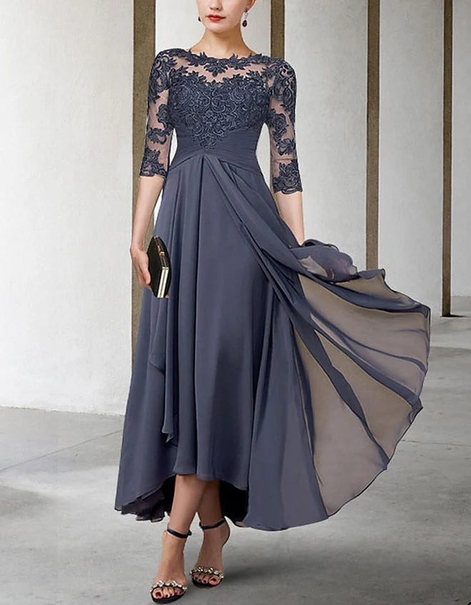 Elegant A-Line Illusion-Neck Lace 3/4-Sleeve Asymmetrical Mother of the Bride Dress