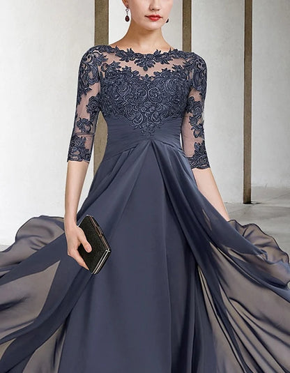 Elegant A-Line Illusion-Neck Lace 3/4-Sleeve Asymmetrical Mother of the Bride Dress