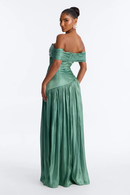Elegant A Line Off Shoulder Short Sleeve Zipper Back Long Evening Dress