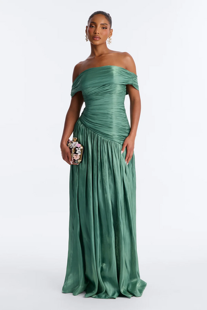 Elegant A Line Off Shoulder Short Sleeve Zipper Back Long Evening Dress