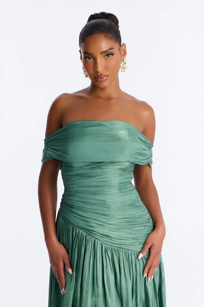 Elegant A Line Off Shoulder Short Sleeve Zipper Back Long Evening Dress
