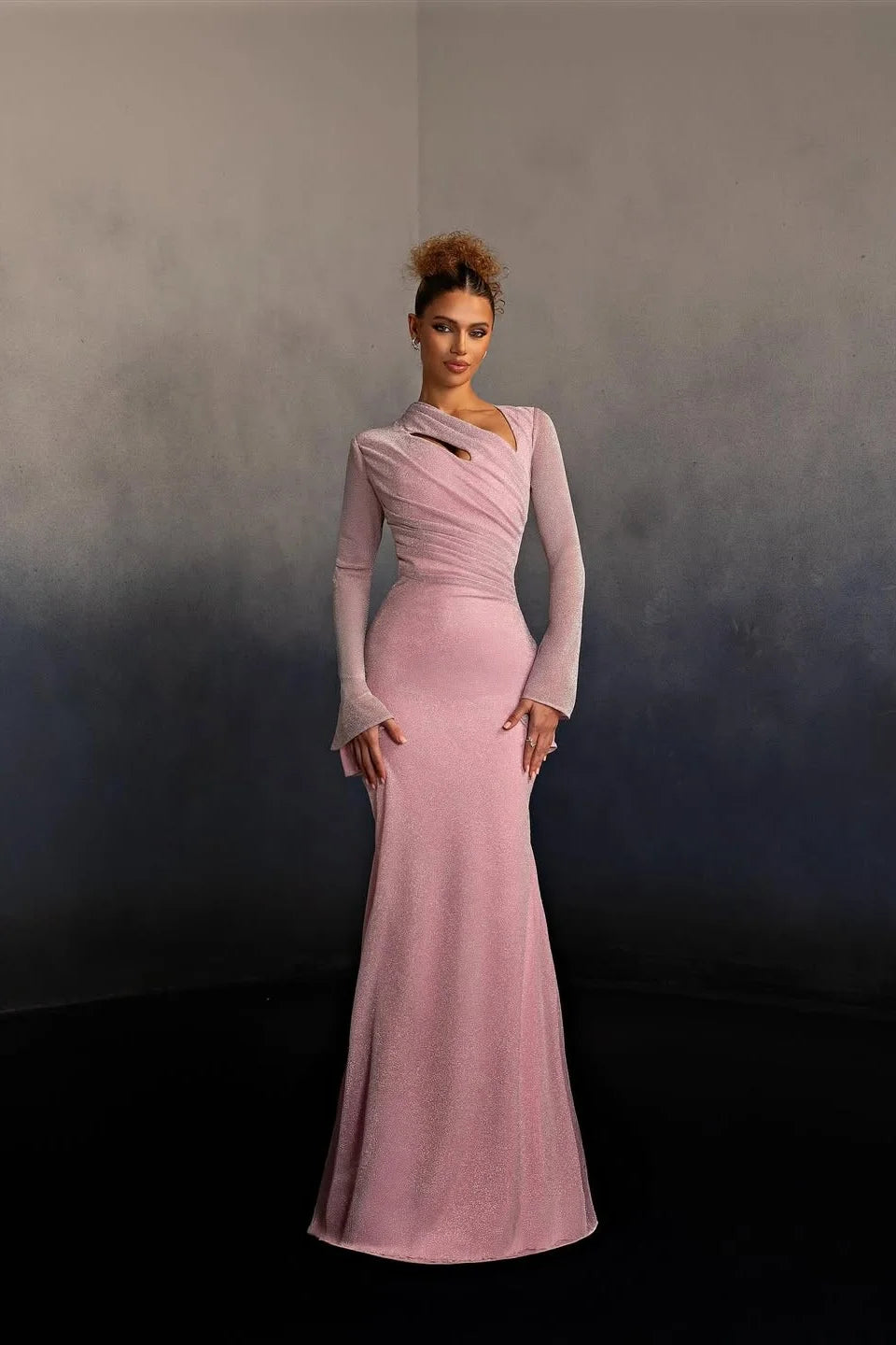 Elegant Asymmetrical Neck Ruched Glitter Long Sleeve Mermaid Maxi Prom Dress with Flare Cuffs and Trailing Train