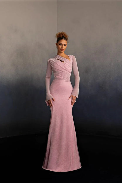 Elegant Asymmetrical Neck Ruched Glitter Long Sleeve Mermaid Maxi Prom Dress with Flare Cuffs and Trailing Train