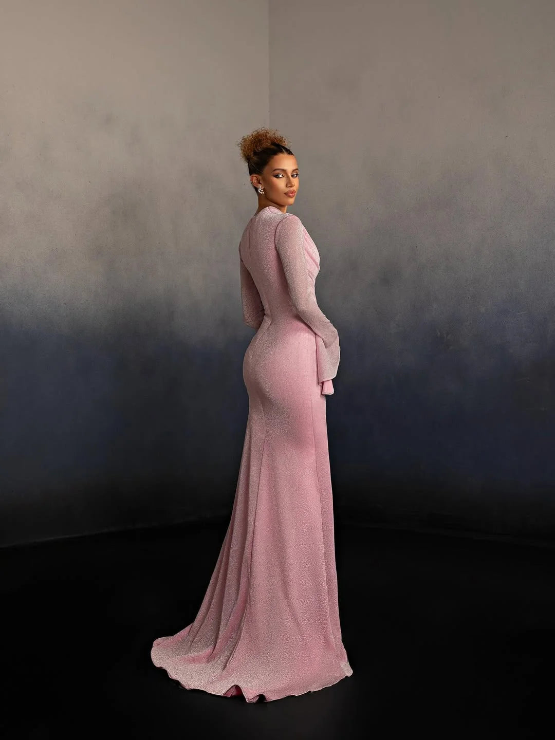 Elegant Asymmetrical Neck Ruched Glitter Long Sleeve Mermaid Maxi Prom Dress with Flare Cuffs and Trailing Train