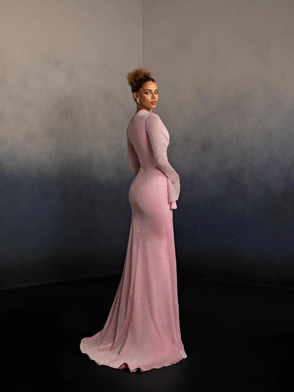 Elegant Asymmetrical Neck Ruched Glitter Long Sleeve Mermaid Maxi Prom Dress with Flare Cuffs and Trailing Train