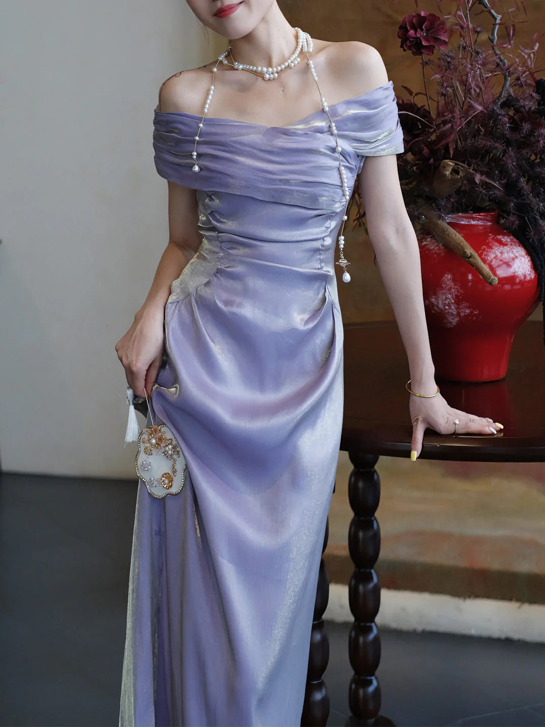 Elegant Asymmetrical Off The Shoulder Ruched Satin Maxi Evening Dress