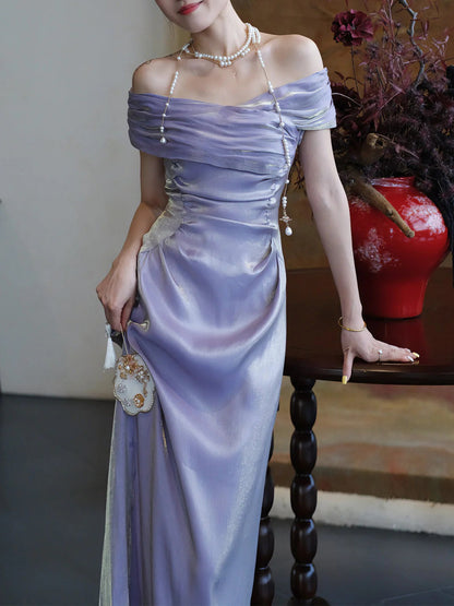 Elegant Asymmetrical Off The Shoulder Ruched Satin Maxi Evening Dress