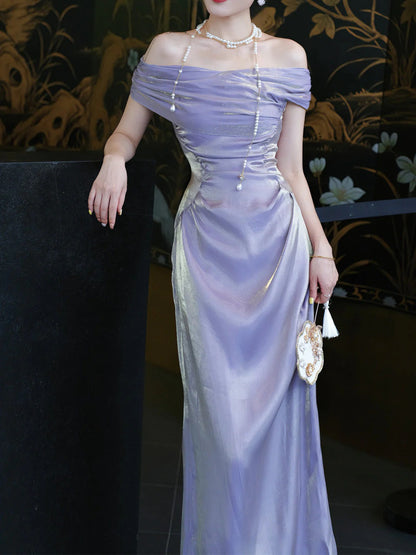 Elegant Asymmetrical Off The Shoulder Ruched Satin Maxi Evening Dress