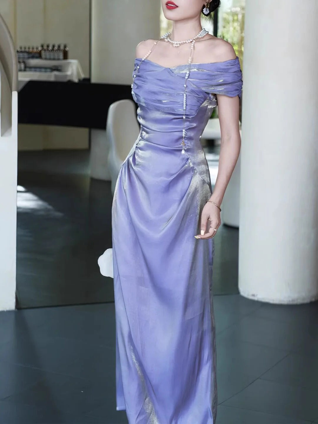 Elegant Asymmetrical Off The Shoulder Ruched Satin Maxi Evening Dress