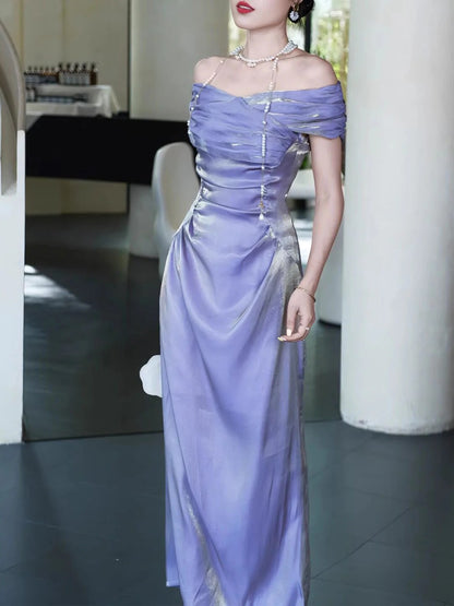 Elegant Asymmetrical Off The Shoulder Ruched Satin Maxi Evening Dress