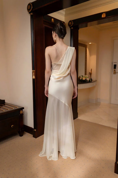 Elegant Asymmetrical One Shoulder Draped Bust Sheer Chiffon Overlay Satin Bodycon Maxi Prom Dress With Ruffle Hem For Formal Evening Wedding Guest