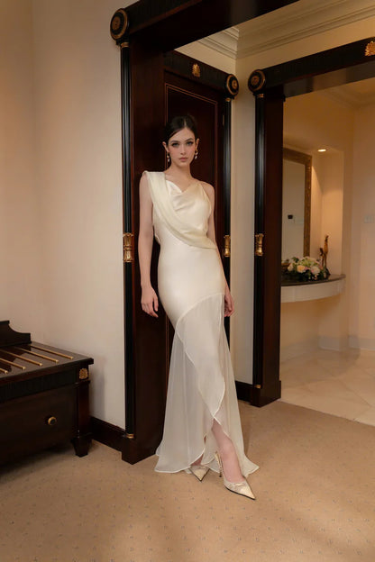 Elegant Asymmetrical One Shoulder Draped Bust Sheer Chiffon Overlay Satin Bodycon Maxi Prom Dress With Ruffle Hem For Formal Evening Wedding Guest
