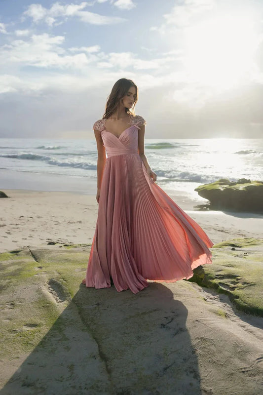 Elegant Beaded Cap Sleeve V Neck Pleated Chiffon A Line Maxi Prom Dress For Formal Evening Gala Wedding Guest Bridesmaid