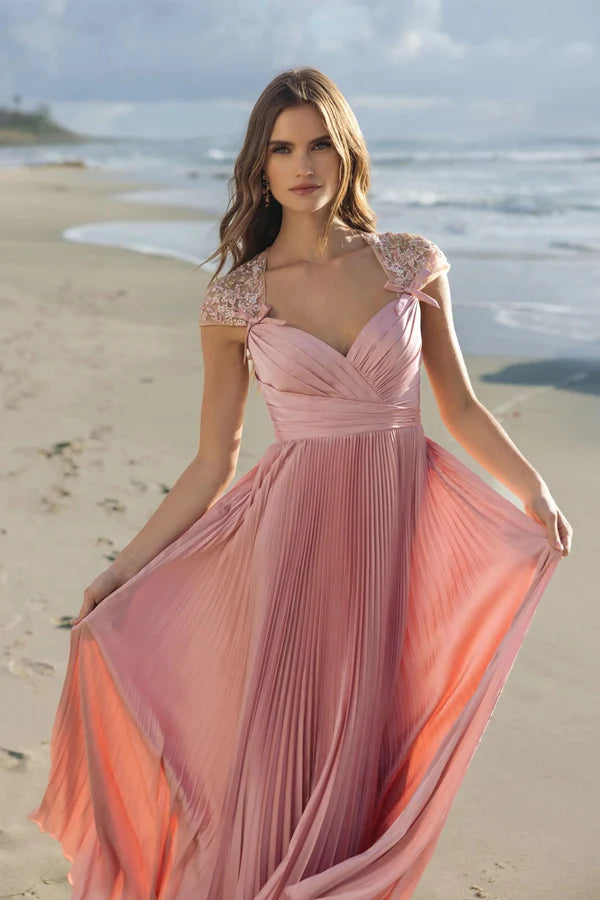 Elegant Beaded Cap Sleeve V Neck Pleated Chiffon A Line Maxi Prom Dress For Formal Evening Gala Wedding Guest Bridesmaid