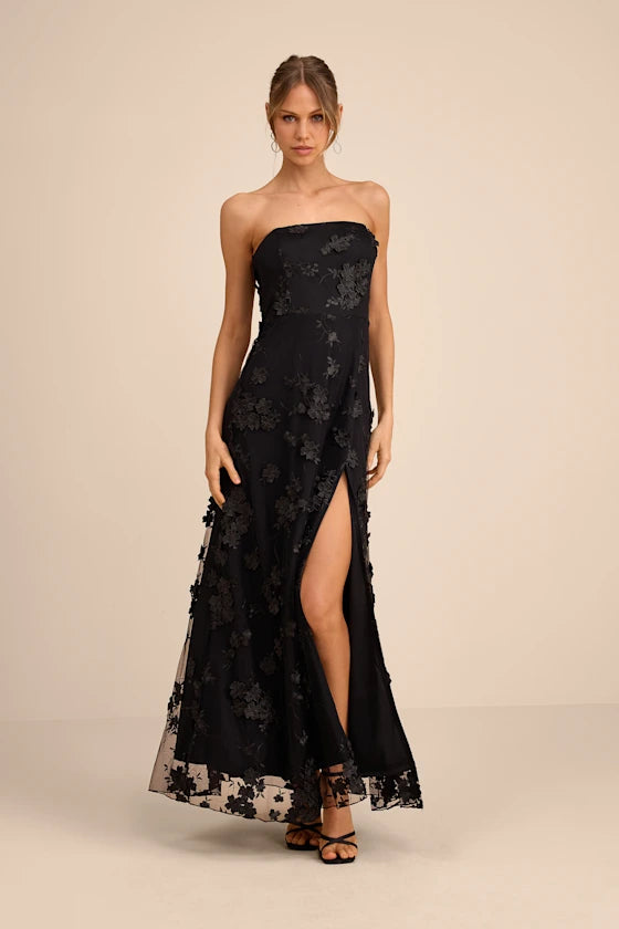Elegant Black 3D Floral Lace Strapless Maxi Dress with High Side Slit, Formal Evening Dresses