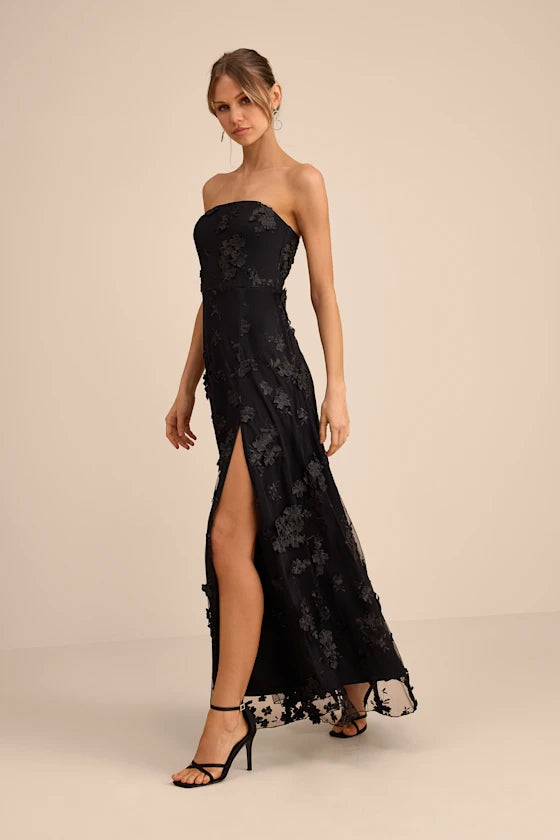 Elegant Black 3D Floral Lace Strapless Maxi Dress with High Side Slit, Formal Evening Dresses