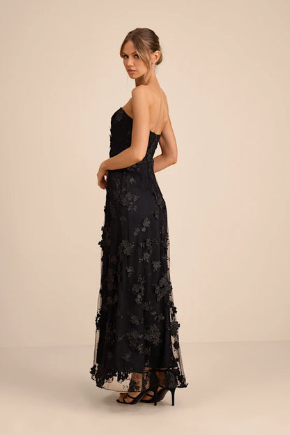 Elegant Black 3D Floral Lace Strapless Maxi Dress with High Side Slit, Formal Evening Dresses