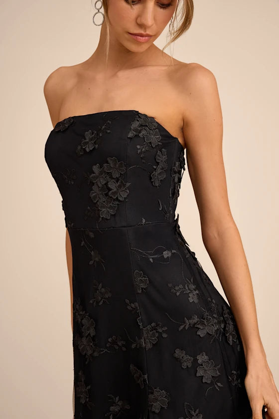 Elegant Black 3D Floral Lace Strapless Maxi Dress with High Side Slit, Formal Evening Dresses