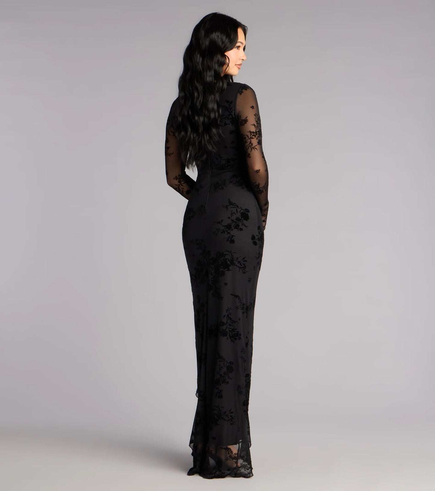 Elegant Black Burnout Floral Mesh Long Sleeve Cowl Neck Mermaid Prom Dress