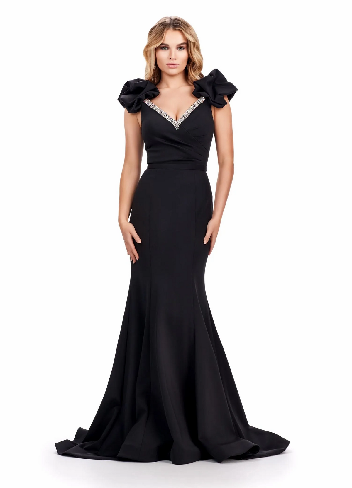 Elegant Black Mermaid V-Neck Puff-Sleeve Open-Back Floor-Length Rhinestone Prom Dress