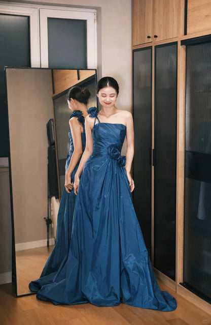 Elegant Blue One Shoulder Prom Dress With Floral Appliques And Ruched Bodice For Formal Evening Party