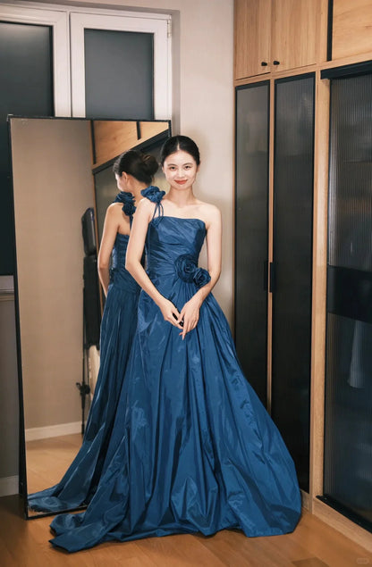 Elegant Blue One Shoulder Prom Dress With Floral Appliques And Ruched Bodice For Formal Evening Party