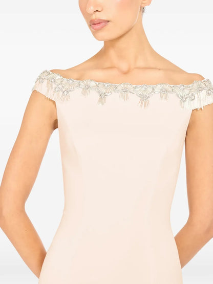 Elegant Blush Off-Shoulder Embellished Midi Dress
