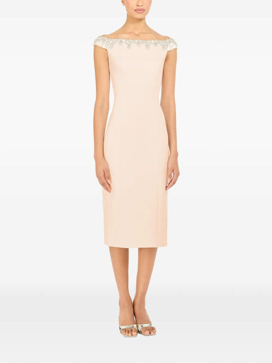 Elegant Blush Off-Shoulder Embellished Midi Dress