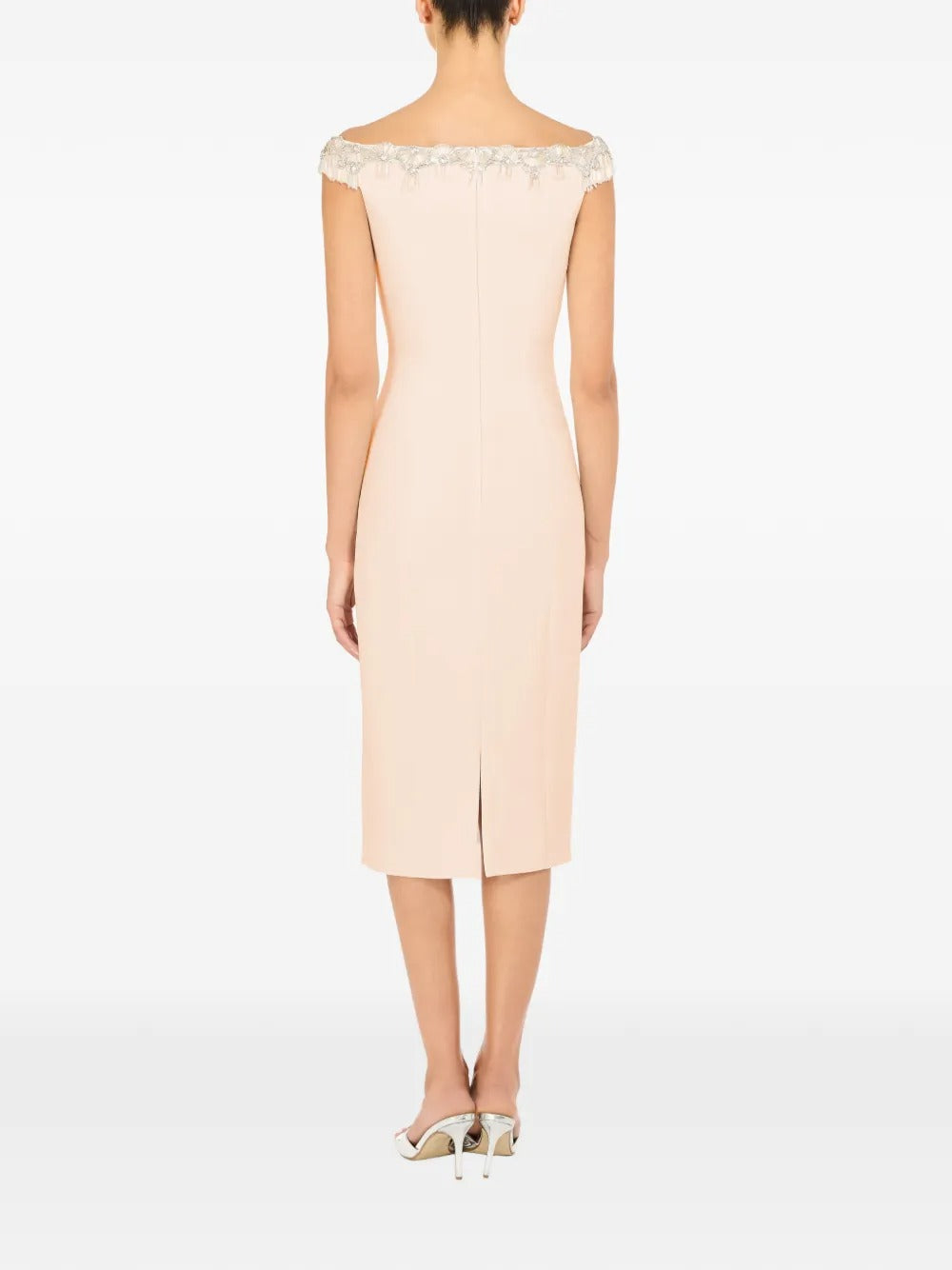 Elegant Blush Off-Shoulder Embellished Midi Dress