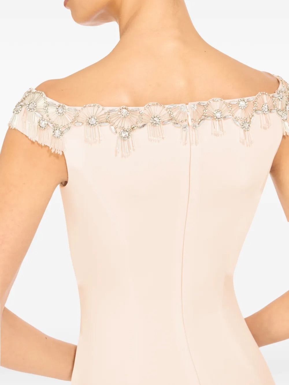 Elegant Blush Off-Shoulder Embellished Midi Dress