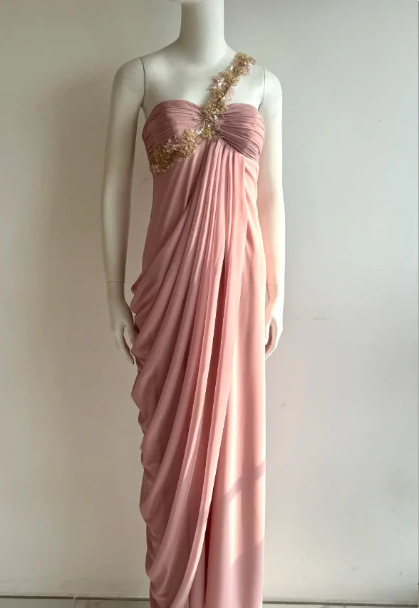 Elegant Blush Pink One Shoulder Prom Dress With Gold Floral Appliques And Draped Chiffon Skirt For Formal Evening Party