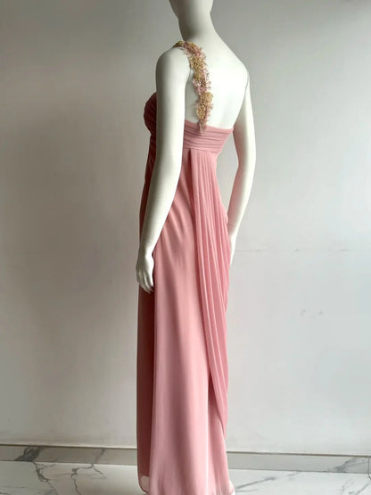 Elegant Blush Pink One Shoulder Prom Dress With Gold Floral Appliques And Draped Chiffon Skirt For Formal Evening Party