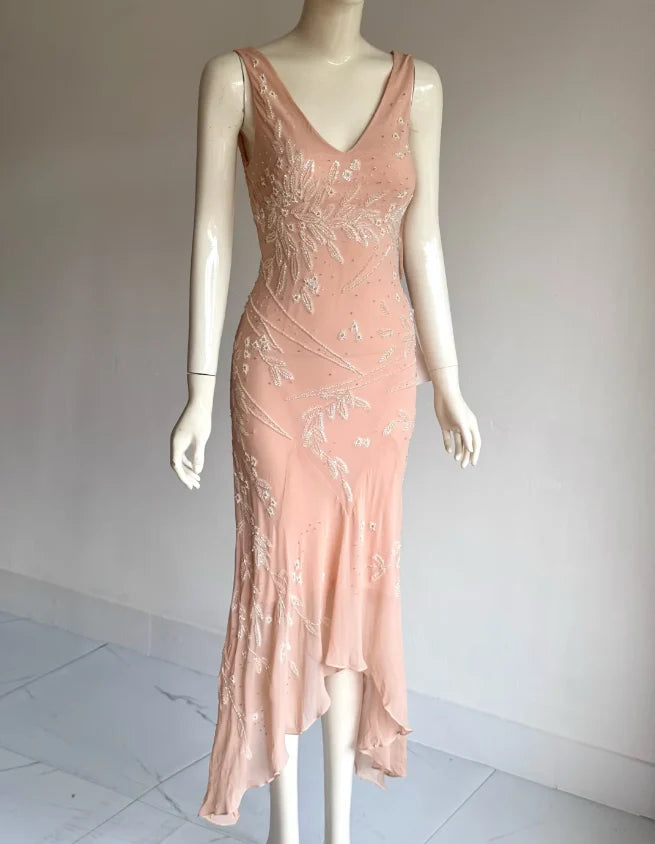 Elegant Blush Pink V-Neck Prom Dress With Sleeveless Design Beaded Leaf Appliques And Asymmetrical Chiffon Skirt For Formal Evening Party