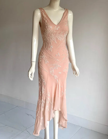 Elegant Blush Pink V-Neck Prom Dress With Sleeveless Design Beaded Leaf Appliques And Asymmetrical Chiffon Skirt For Formal Evening Party
