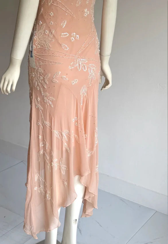Elegant Blush Pink V-Neck Prom Dress With Sleeveless Design Beaded Leaf Appliques And Asymmetrical Chiffon Skirt For Formal Evening Party
