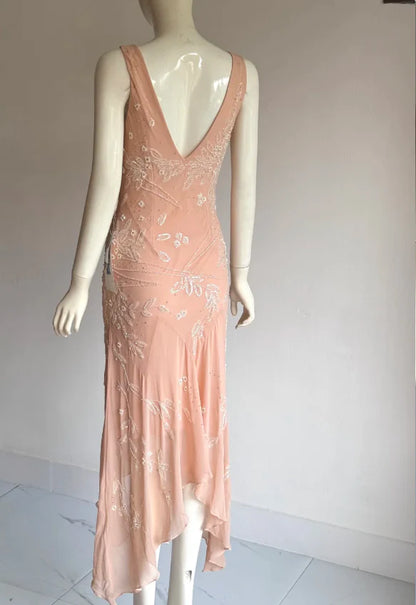 Elegant Blush Pink V-Neck Prom Dress With Sleeveless Design Beaded Leaf Appliques And Asymmetrical Chiffon Skirt For Formal Evening Party