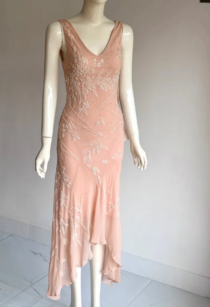 Elegant Blush Pink V-Neck Prom Dress With Sleeveless Design Beaded Leaf Appliques And Asymmetrical Chiffon Skirt For Formal Evening Party