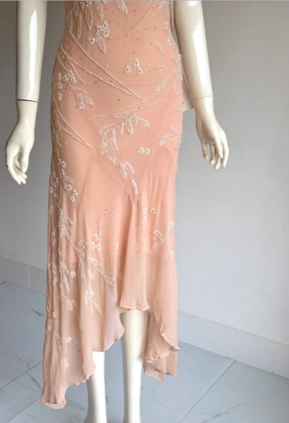 Elegant Blush Pink V-Neck Prom Dress With Sleeveless Design Beaded Leaf Appliques And Asymmetrical Chiffon Skirt For Formal Evening Party