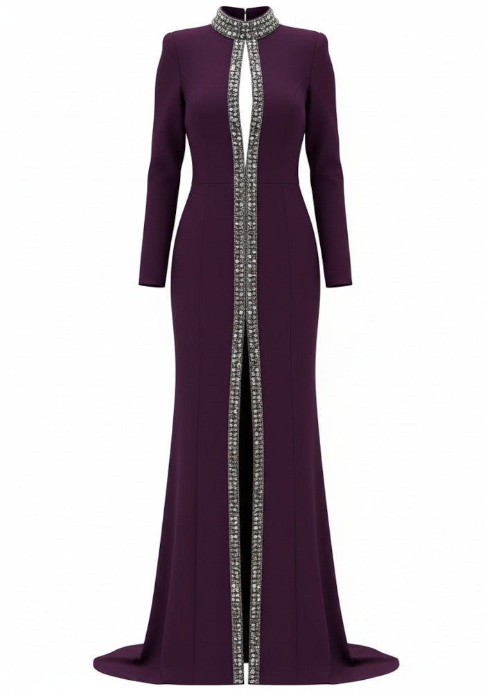 Elegant Burgundy Plunging V-Neck Slit Back Mermaid Formal Evening Prom Party Dress