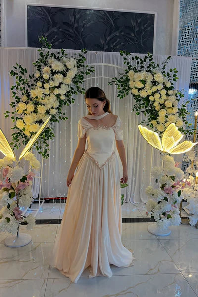 Elegant Champagne Prom Dresses with Satin Pearl Beading and Off Shoulder