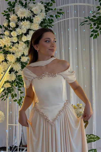 Elegant Champagne Prom Dresses with Satin Pearl Beading and Off Shoulder