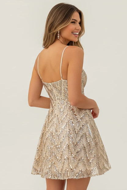 Elegant Chevron Sequin Spaghetti Strap A Line Mini Homecoming Dress For Cocktail Party Bridal Shower