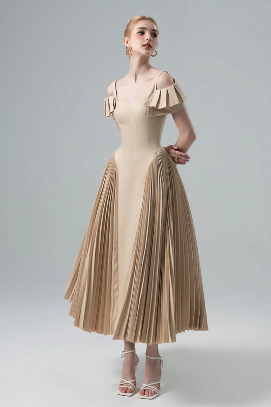 Elegant Cold Shoulder Ruffle Cuff Pleated Skirt Fitted Bodice Midi Prom Dress For Formal Evening Wedding Guest