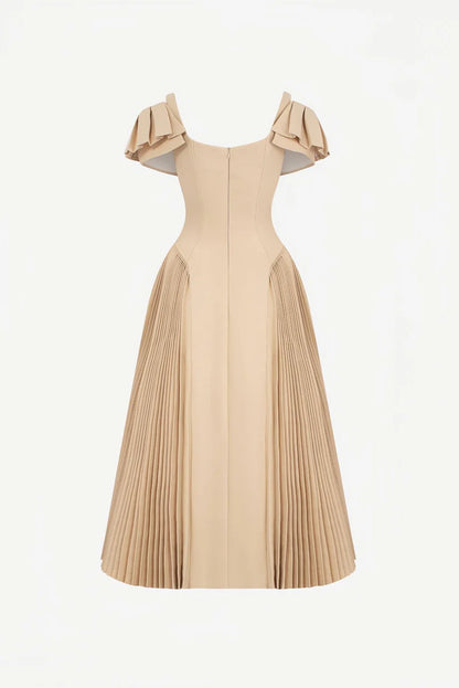 Elegant Cold Shoulder Ruffle Cuff Pleated Skirt Fitted Bodice Midi Prom Dress For Formal Evening Wedding Guest
